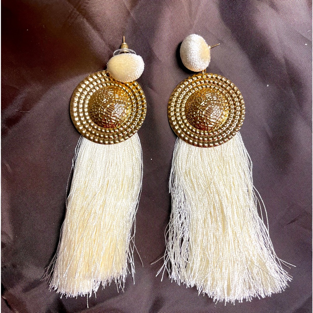 Long string tassel button earrings